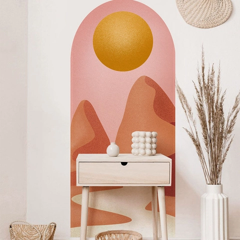 Adesivo Murale ad Arco Astratto Sole Montagna Deserto Paesaggio Moderno Minimalista PVC Autoadesivo Boho Arte Murale Arredamento