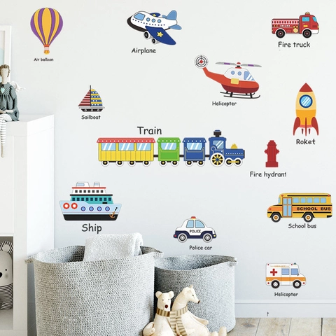 Cartoon Vervoersmiddelen Muurstickers PVC Kinderkamer Decoratie Educatieve Vliegtuig Auto Schip Raket Stickers