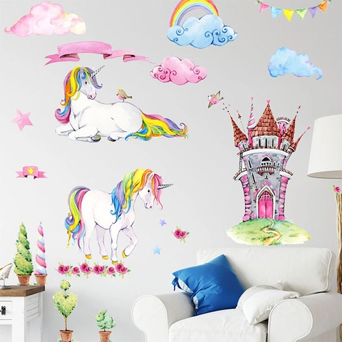 Aquarel Cartoon Eenhoorn Regenboog Kasteel Muurstickers Voor Kinderkamer PVC Verwijderbare DIY Slaapkamer Decoratie Muurstickers