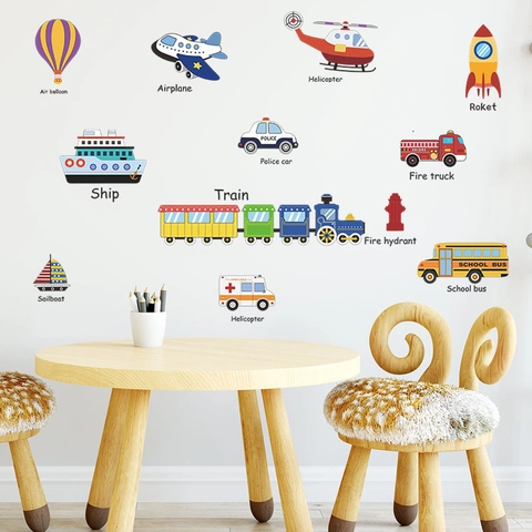 Cartoon Vervoersmiddelen Muurstickers PVC Kinderkamer Decoratie Educatieve Vliegtuig Auto Schip Raket Stickers