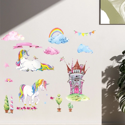 Aquarel Cartoon Eenhoorn Regenboog Kasteel Muurstickers Voor Kinderkamer PVC Verwijderbare DIY Slaapkamer Decoratie Muurstickers