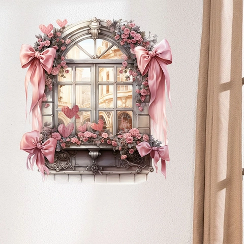 Adesivo da Parete Romantico Vista Finestra Europea Rosa Rose Fiocco Cuore Floreale PVC Decalcomania per Camera da Letto