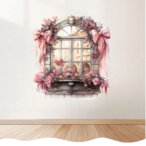 Adesivo da Parete Romantico Vista Finestra Europea Rosa Rose Fiocco Cuore Floreale PVC Decalcomania per Camera da Letto