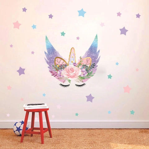 Cartoon Unicorn Star Wall Sticker Removable DIY PVC Mural For Kids Room Nursery Bedroom Home Decor Aesthetic Flower Design