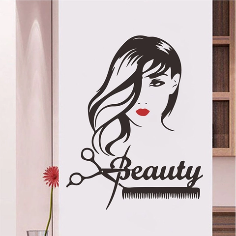 Adesivo da Parete Salone di Bellezza per Barbiere Parrucchiere Silhouette Donna Labbra Rosse Forbici Pettine PVC Decorazione Rimovibile