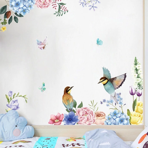 Adesivi Murali con Uccelli e Fiori ad Acquerello in PVC Stile Inchiostro Decalcomanie Murali Botaniche Floreali con Farfalle per Soggiorno Camera da Letto