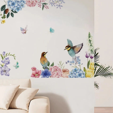 Adesivi Murali con Uccelli e Fiori ad Acquerello in PVC Stile Inchiostro Decalcomanie Murali Botaniche Floreali con Farfalle per Soggiorno Camera da Letto