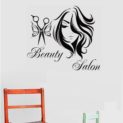 Beauty Salon Wall Sticker Woman Silhouette Butterfly Scissors Hair Salon Decor PVC Self Adhesive DIY Shop Art Wall Decal