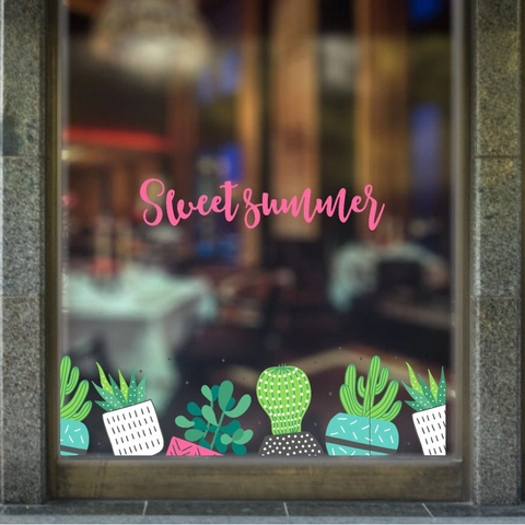 Modern Simple Green Cactus Succulent Wall Sticker PVC Waterproof Window Decal For Living Room Home Kitchen Glass Decor