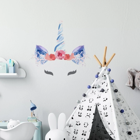 Aquarell Einhorn Wandtattoo Rosa Blumen Blaues Horn Wimpern PVC Aufkleber Für Kinderzimmer Mädchen Schlafzimmer Home Decor