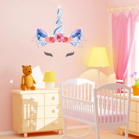 Aquarell Einhorn Wandtattoo Rosa Blumen Blaues Horn Wimpern PVC Aufkleber Für Kinderzimmer Mädchen Schlafzimmer Home Decor