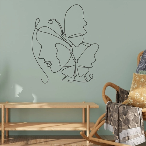 Modern Minimalistisch Frauenprofil Schmetterling Linie Kunst Wandtattoo PVC Abstrakt Gesicht Blume Dekoration Schlafzimmer Wohnzimmer