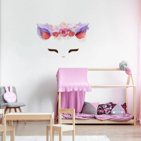 Pegatina de Pared Cara de Gato Unicornio Floral Acuarela DIY Guirnalda de Flores Pestañas Guardería Cuarto de Niños Decoración PVC Auto Adhesivo