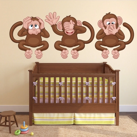 Pegatinas de Pared de Mono Divertido de Dibujos Animados Marrón PVC Tres Monos Sabios Para Dormitorio Infantil Baño Hogar