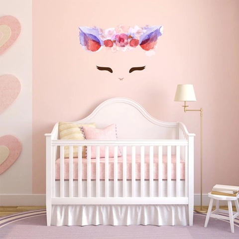 Pegatina de Pared Cara de Gato Unicornio Floral Acuarela DIY Guirnalda de Flores Pestañas Guardería Cuarto de Niños Decoración PVC Auto Adhesivo