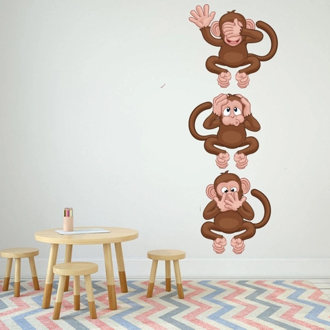 Pegatinas de Pared de Mono Divertido de Dibujos Animados Marrón PVC Tres Monos Sabios Para Dormitorio Infantil Baño Hogar