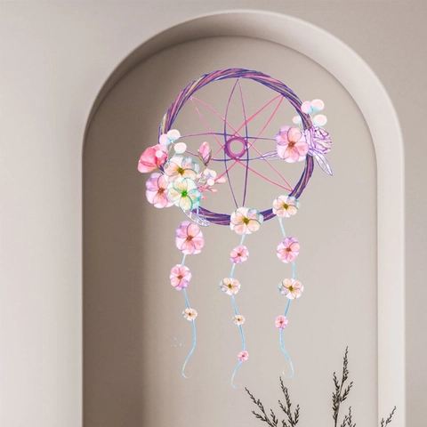Adesivo da Parete Acchiappasogni Floreale Acquerello PVC Autoadesivo Removibile Murale d'Arte Bohemien per Camera da Letto