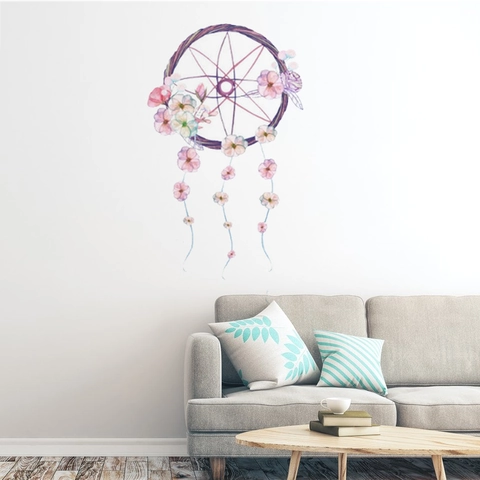Adesivo da Parete Acchiappasogni Floreale Acquerello PVC Autoadesivo Removibile Murale d'Arte Bohemien per Camera da Letto