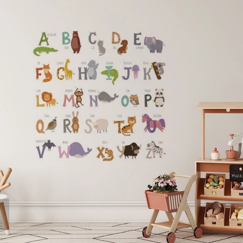 Pegatinas De Pared De Alfabeto De Animales De Dibujos Animados Educativo PVC Autoadhesivo Calcomanías Para Dormitorio Infantil Decoración