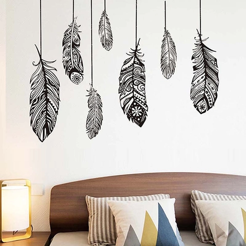 Adesivi Murali Piuma Bohémien Mandala Nero Stile Tribale PVC Removibile DIY Adesivi da Parete per Soggiorno Camera Decor
