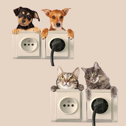 3D Cartoon Kat Hond Peeking Muurstickers Creatieve Dier Schakelaar Decals PVC Waterdicht DIY Home Decor Plug Sticker