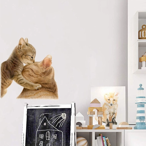 Simpatico Adesivo da Parete Gatta Madre e Gattino Acquerello Realistico PVC Decalcomania per Cameretta Letto Soggiorno Casa Arredo