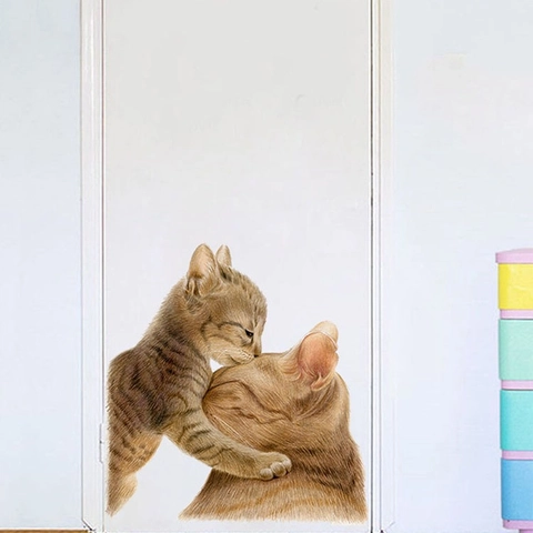Simpatico Adesivo da Parete Gatta Madre e Gattino Acquerello Realistico PVC Decalcomania per Cameretta Letto Soggiorno Casa Arredo