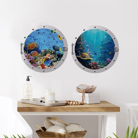 3D U-Boot-Bullaugen Wandaufkleber Ozeanwelt Meereslebewesen Schildkröte Unterwasser Wandtattoo Für Badezimmer Kinderzimmer