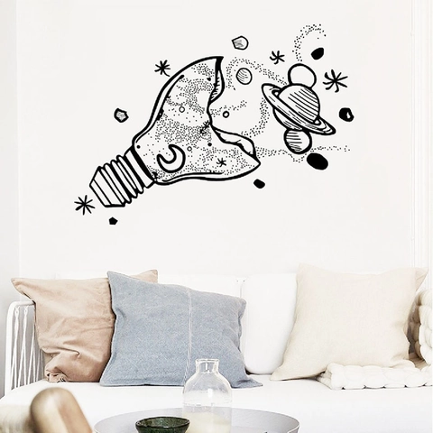 Creative Universe Inside Light Bulb Wall Sticker Sketch Style Space Saturn Moon PVC Decorative Decal For Bedroom Living Room
