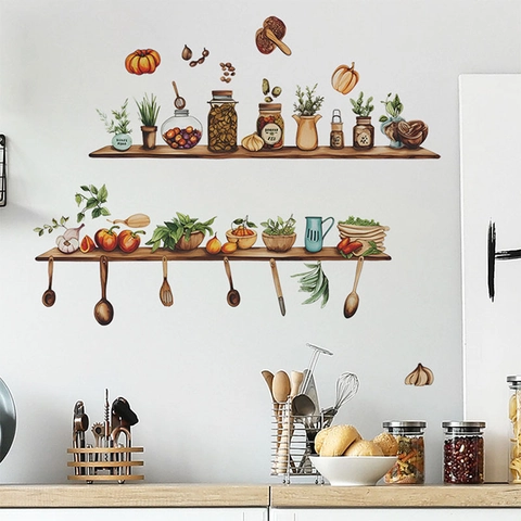 Watercolor Kitchen Shelf Wall Stickers Herbs Spices Jars Pumpkin Pattern Removable PVC Wall Decal For Restaurant Dining Room