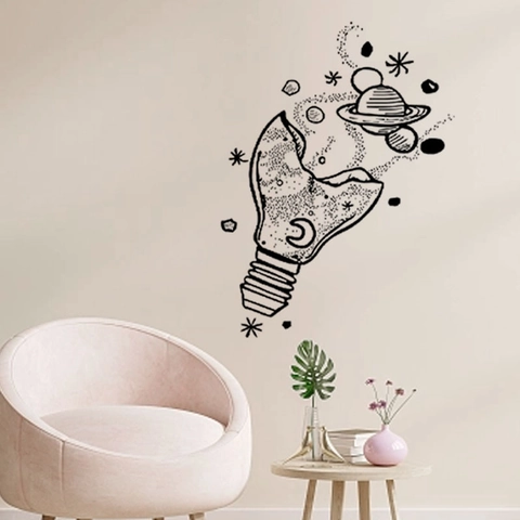 Creative Universe Inside Light Bulb Wall Sticker Sketch Style Space Saturn Moon PVC Decorative Decal For Bedroom Living Room