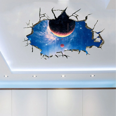 Sticker Mural 3D Espace Galaxie Planètes Mur Brisé PVC Auto-Adhésif Décoration Pour Chambre d'Enfant Chambre à Coucher Salon