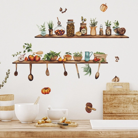 Watercolor Kitchen Shelf Wall Stickers Herbs Spices Jars Pumpkin Pattern Removable PVC Wall Decal For Restaurant Dining Room