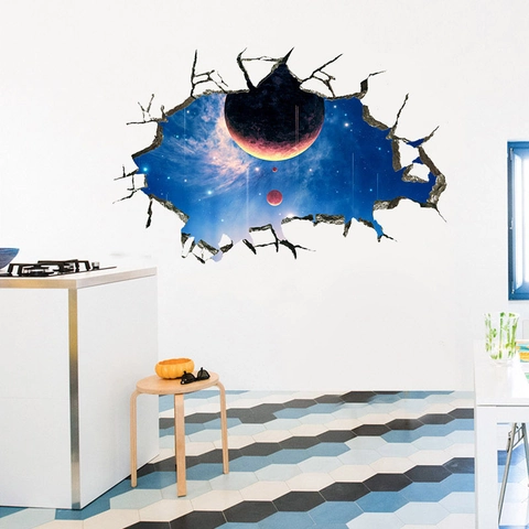 Sticker Mural 3D Espace Galaxie Planètes Mur Brisé PVC Auto-Adhésif Décoration Pour Chambre d'Enfant Chambre à Coucher Salon