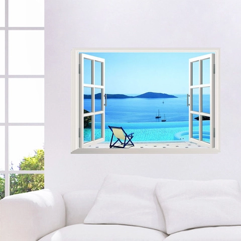 3D Fake Fenster Wandaufkleber Ozean Strand Landschaft PVC Selbstklebend Wandbild Moderner Stil Für Wohnzimmer Schlafzimmer Deko