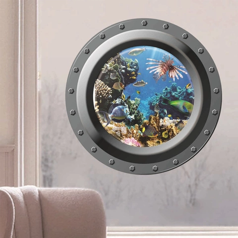 3D Onderzeeër Patrijspoort Wandsticker Onderwater Oceaan Wereld Koraalrif Tropische Vissen Venster Uitzicht PVC Zelfklevend Home Decor