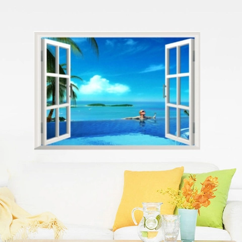 3D Fake Fenster Wandaufkleber Ozean Strand Landschaft PVC Selbstklebend Wandbild Moderner Stil Für Wohnzimmer Schlafzimmer Deko
