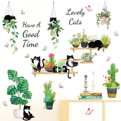 Fresh Plant Cat Wall Stickers PVC Removable DIY Cactus Succulent Butterfly Decals For Kids Room Bedroom Living Room Home Decor