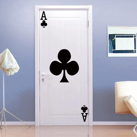 Autocollant de Porte Créatif As de Trèfle de Poker Décalcomanie Murale en PVC Auto-Adhésif pour Chambre Salon Maison