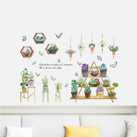 Aquarell Sukkulenten Topfpflanzen Wandaufkleber PVC Monstera Blatt Schmetterling Dekoratives Wandtattoo Für Wohnzimmer Büro