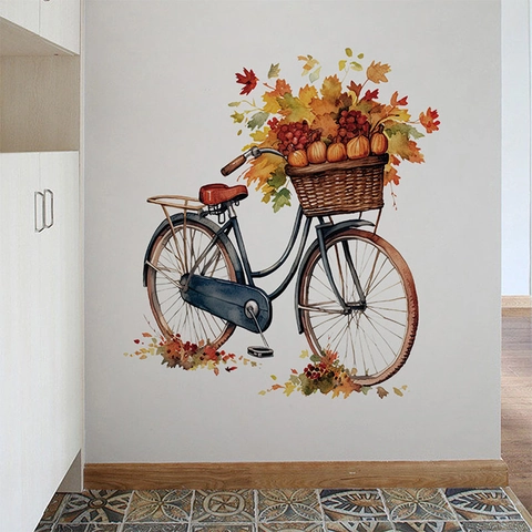 Autumn Vintage Bicycle Wall Sticker With Pumpkin And Maple Leaves Watercolor Art PVC Decal For Living Room Home Decor