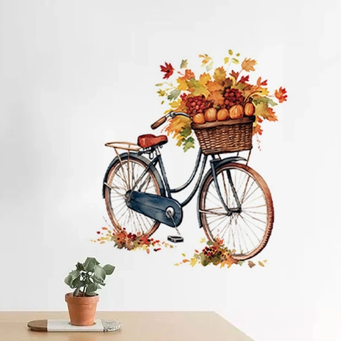Autumn Vintage Bicycle Wall Sticker With Pumpkin And Maple Leaves Watercolor Art PVC Decal For Living Room Home Decor