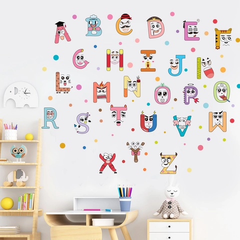 Cartoon Anthropomorphic A-Z Alphabet Wall Stickers For Kids Room Decor Educational PVC Colorful Letter Decals For Nursery Classroom