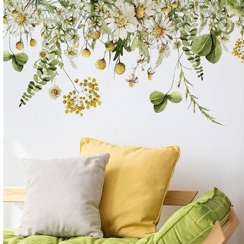 Adesivi Murali con Piante Verdi Tropicali e Margherite in Acquerello PVC Rimovibili Stile Fresco Decalcomanie Floreali per Soggiorno Camera da Letto