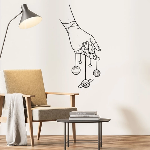 Moderner Minimalistischer Schwarzer Linien Hand Hält Planeten PVC Wandaufkleber Kreatives Weltraum Kunst Dekor Für Schlafzimmer