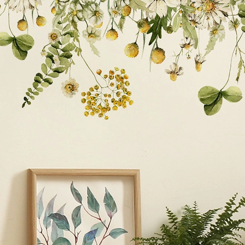 Adesivi Murali con Piante Verdi Tropicali e Margherite in Acquerello PVC Rimovibili Stile Fresco Decalcomanie Floreali per Soggiorno Camera da Letto