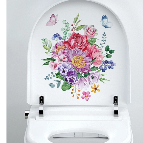 Adesivo per Gabinetto con Fiori e Farfalle ad Acquerello in PVC Impermeabile Decalcomania da Parete per Bagno Camera da Letto