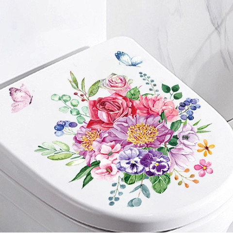 Adesivo per Gabinetto con Fiori e Farfalle ad Acquerello in PVC Impermeabile Decalcomania da Parete per Bagno Camera da Letto