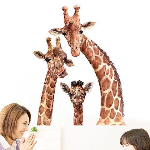 Watercolor Giraffe Family Wall Stickers PVC Animal Nursery Decor For Kids Bedroom Kindergarten Classroom Home Decoration