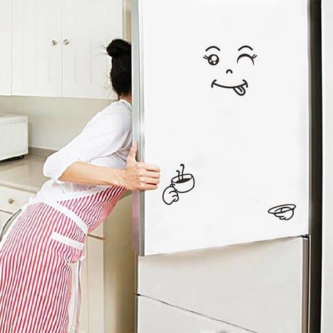 Funny Cartoon Smiley Face Refrigerator Sticker Waterproof PVC Kitchen Wall Decal With Coffee Cup Pattern For Home Decor